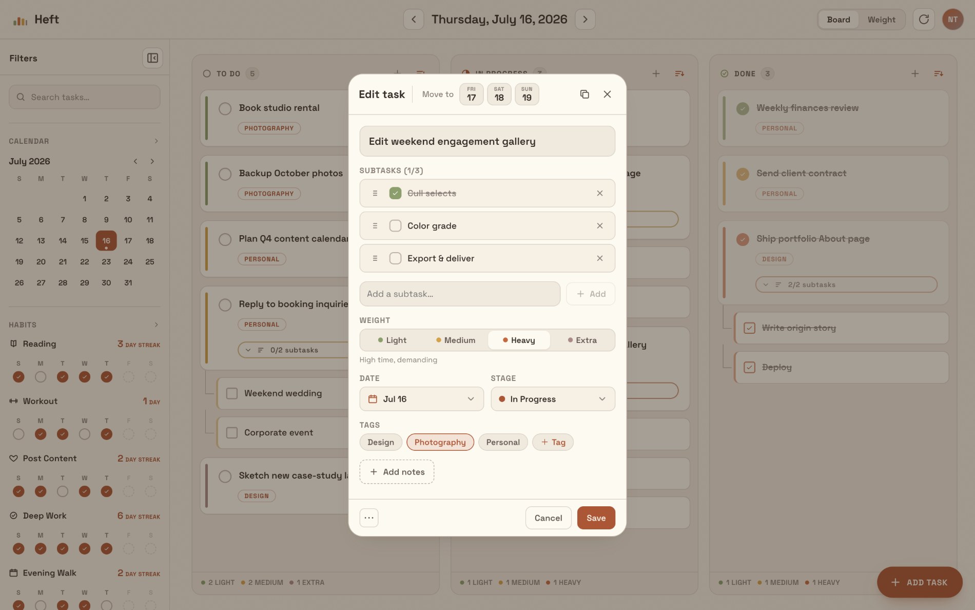 Heft edit task panel: Light, Medium, Heavy, Extra weight selector, nested subtasks, stage and tags