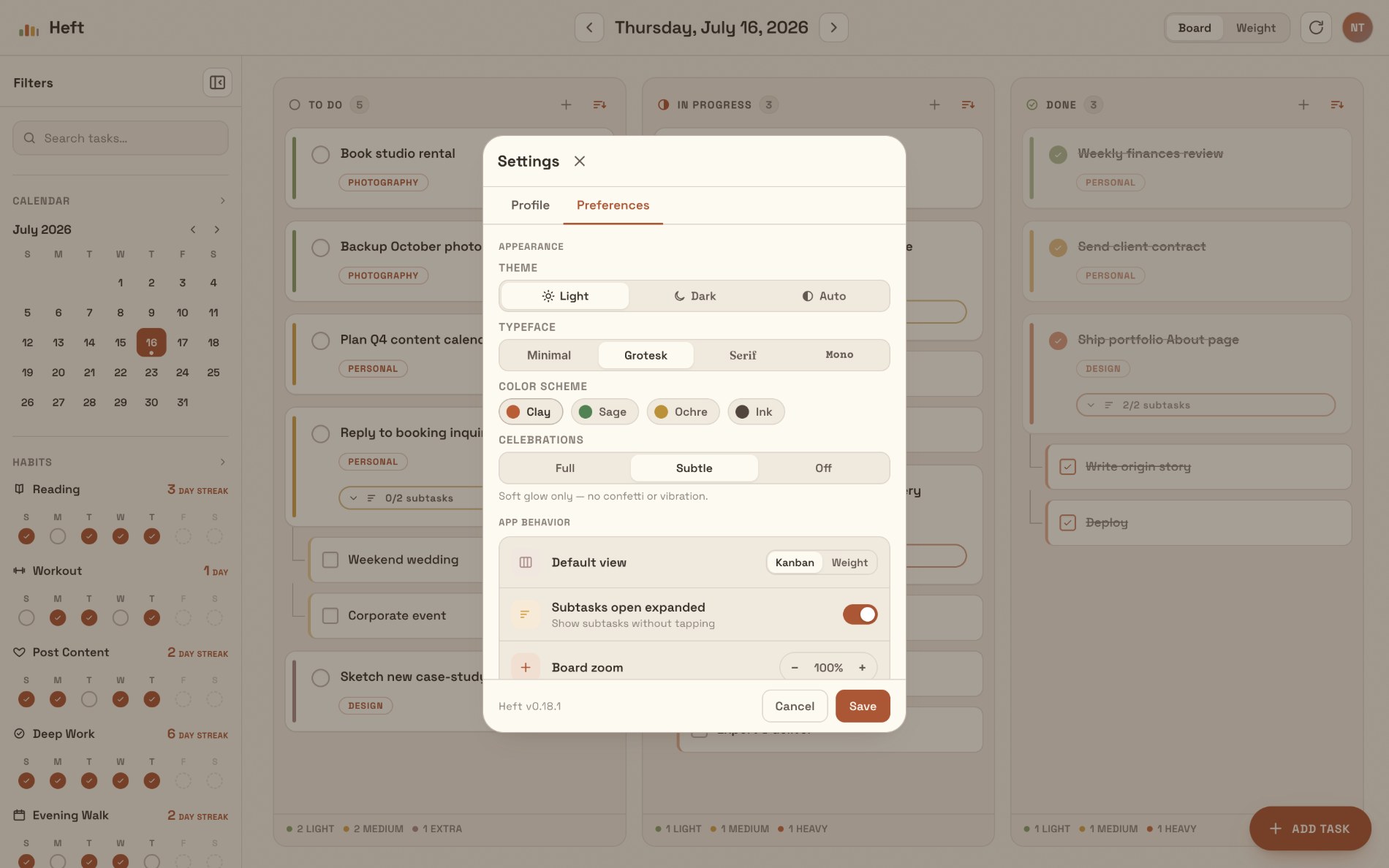 Heft settings: theme, typeface, color scheme, default view, and daily rollover behavior