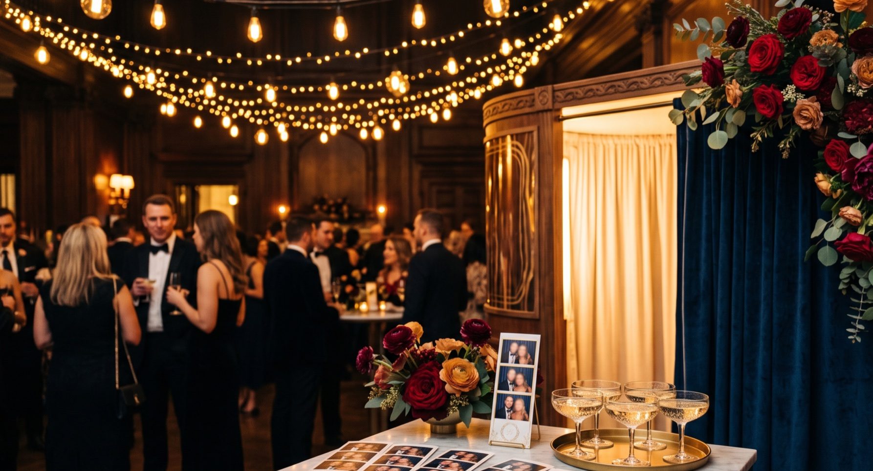 An evening photo booth scene with string lights and florals