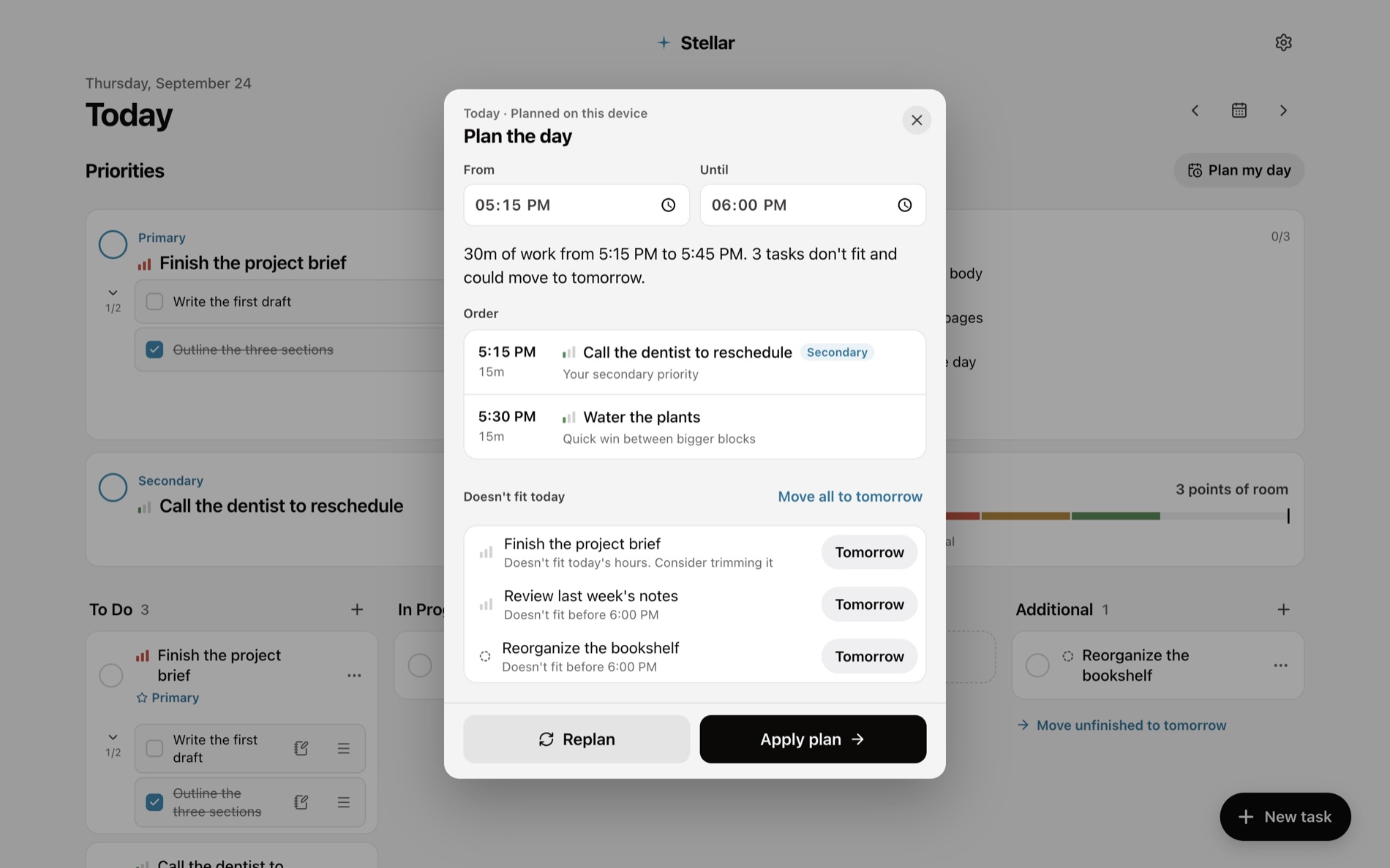 Stellar Plan the day sheet with time blocks