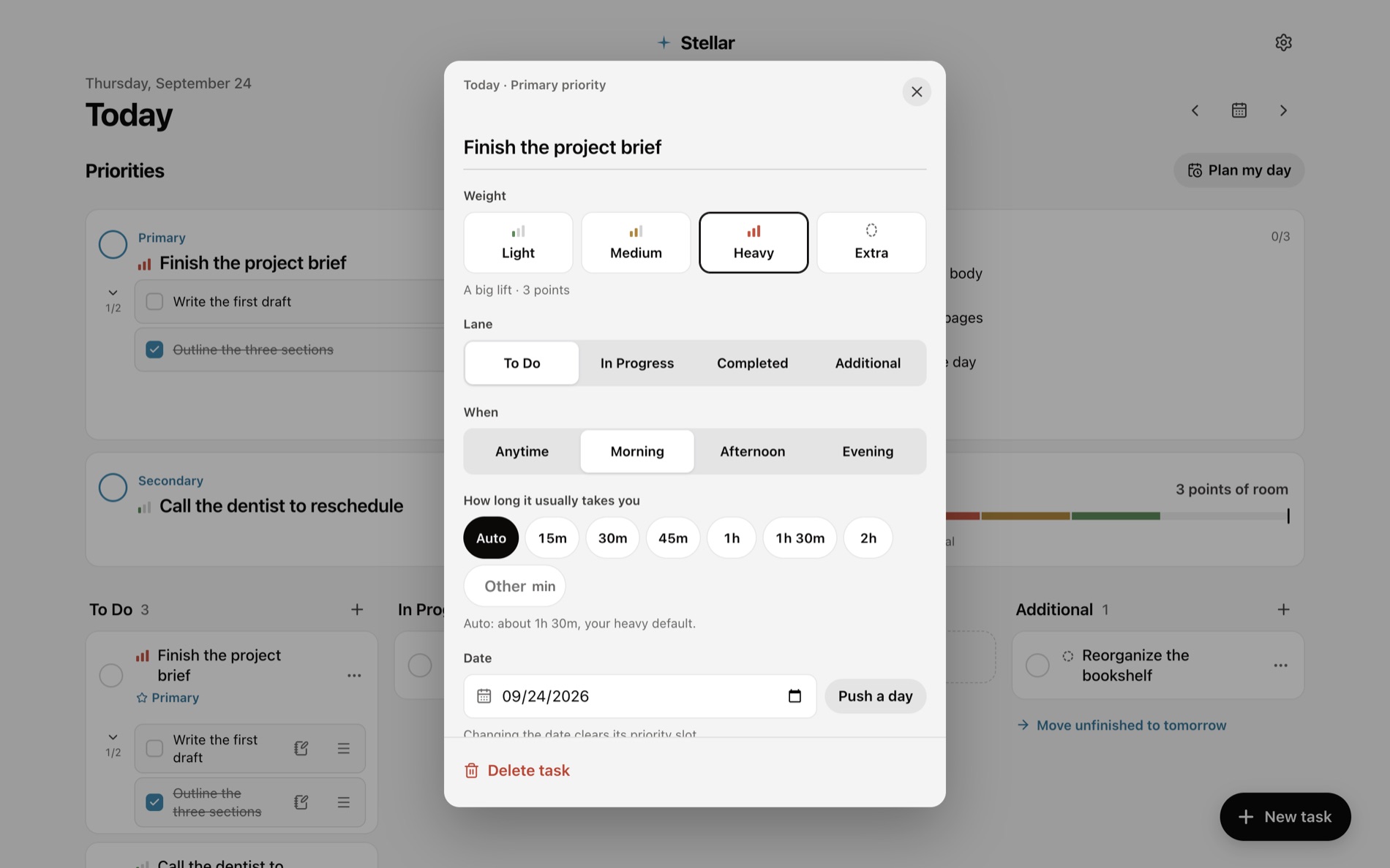 Stellar task details with weight, time estimate, and steps