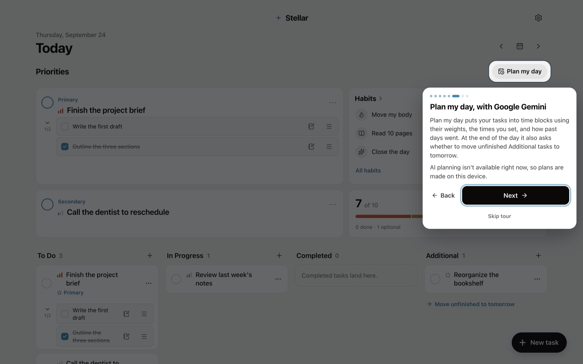Stellar onboarding spotlight explaining Gemini with a Keep AI off option